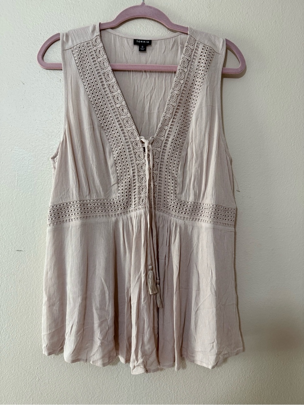 torrid Beige Crochet-Trim Tassel V-Neck Tunic